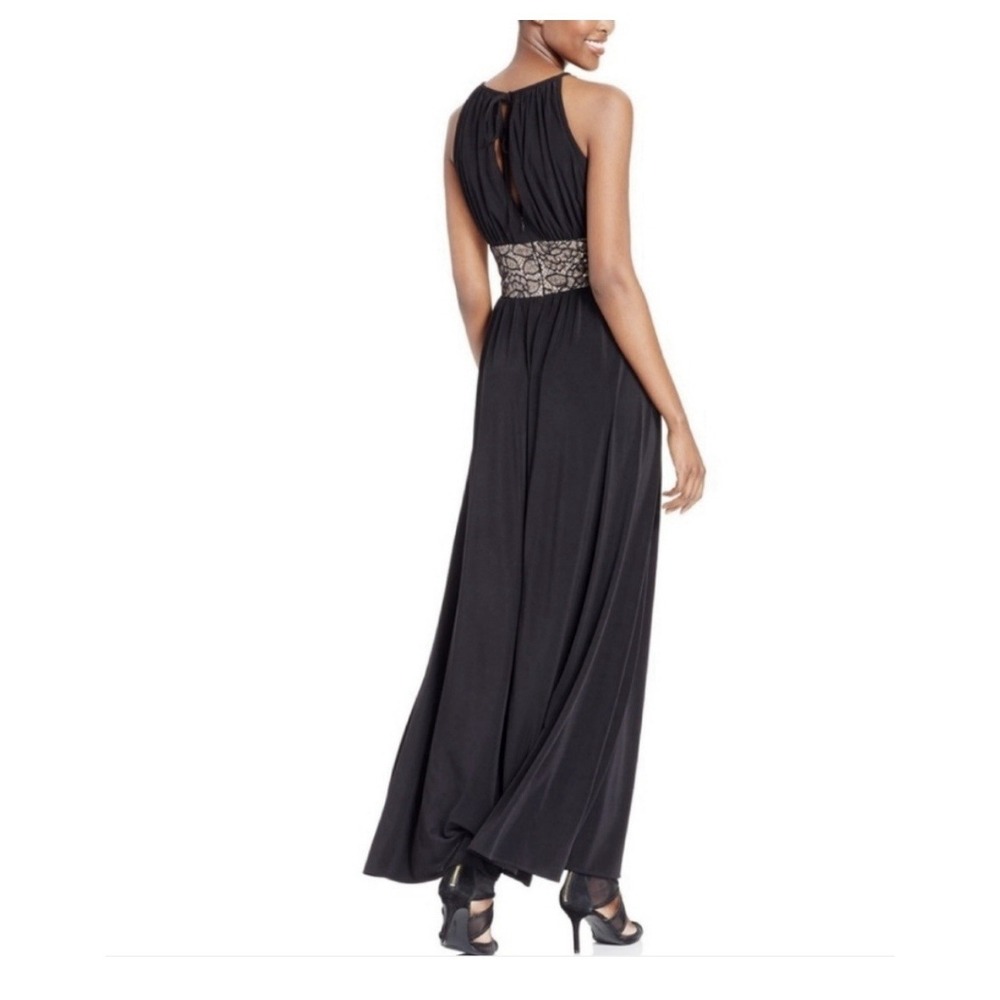 R&M Richards Formal Dress Black Sequined Waist Peephole Slit Sz 16 Prom - Picture 5 of 16
